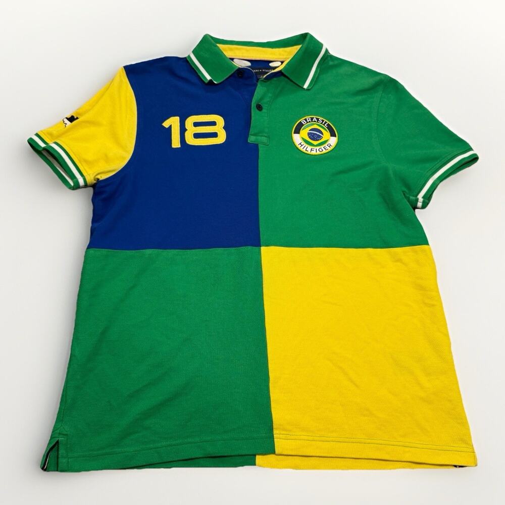 Tommy Hilfiger Brasil Polo Sz M Custom Fit Colorblock Green Blue Yellow